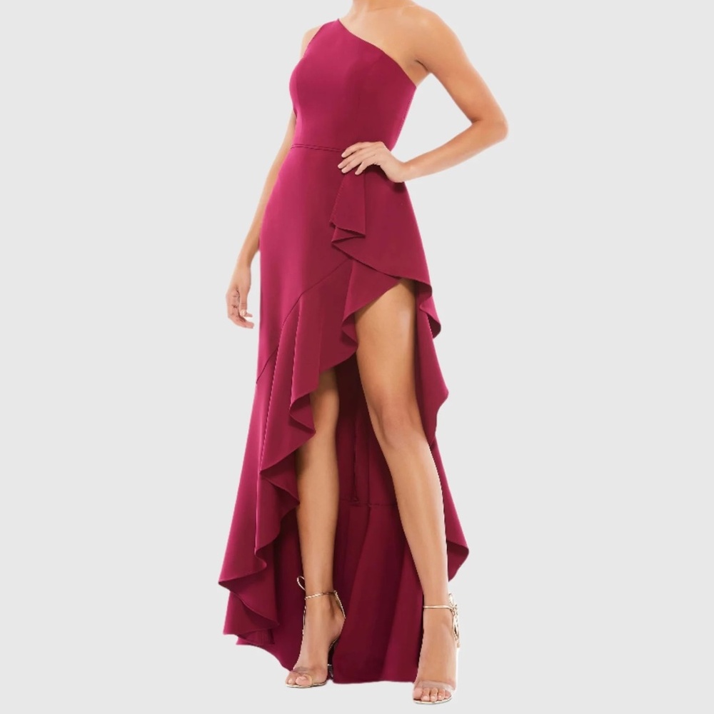 Size 4 Ieena Mac Duggal 49089 One-Shoulder High Slit Ruffle Gown in Berry